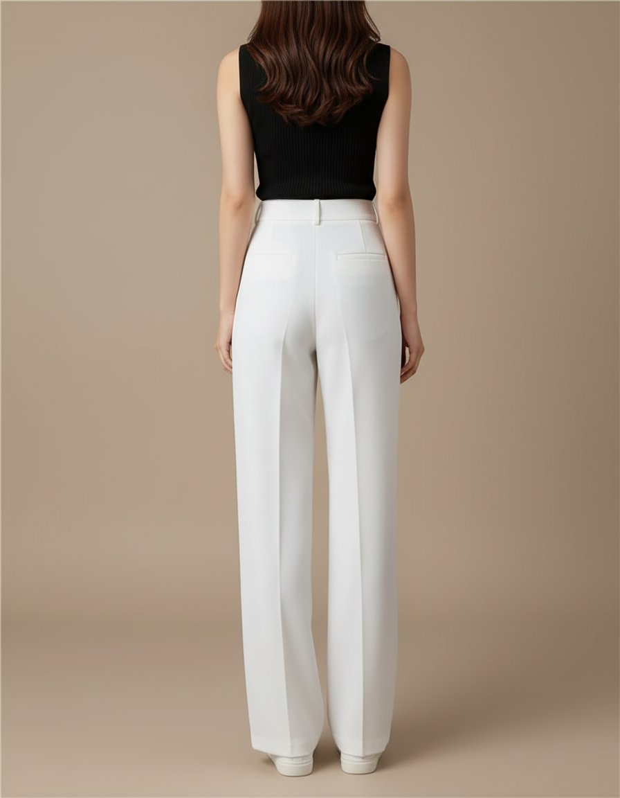 Pantalon Blanc Femme Taille Haute Fluide Décontracté - Polyester - vue 2