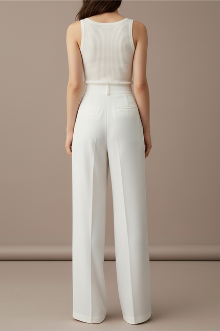 Pantalon Blanc Ample Plissé Taille Haute Élégant - Polyester - vue 2