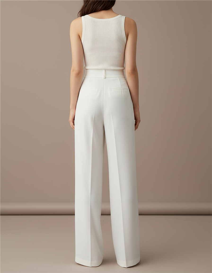 Pantalon Blanc Ample Plissé Taille Haute Élégant - Polyester - vue 2