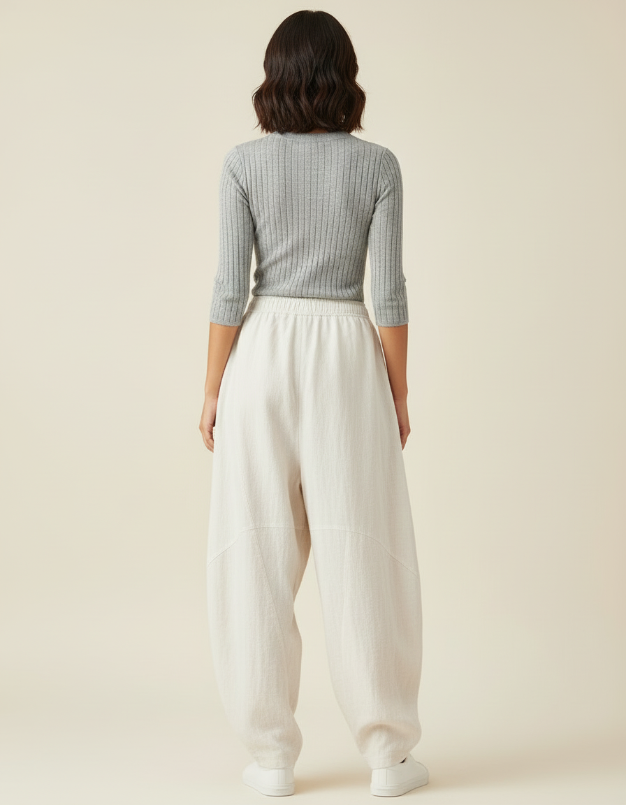 Pantalon Blanc Ample Lin Élastique Décontracté Léger - vue 2