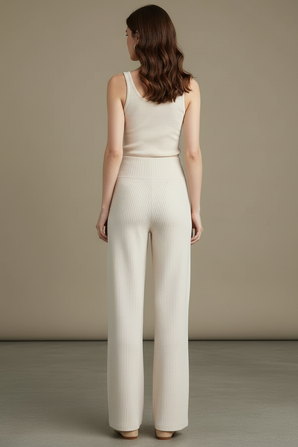 Pantalon Blanc Côtelé Ample Confortable Élégant Femme - Beige Maille - vue 2