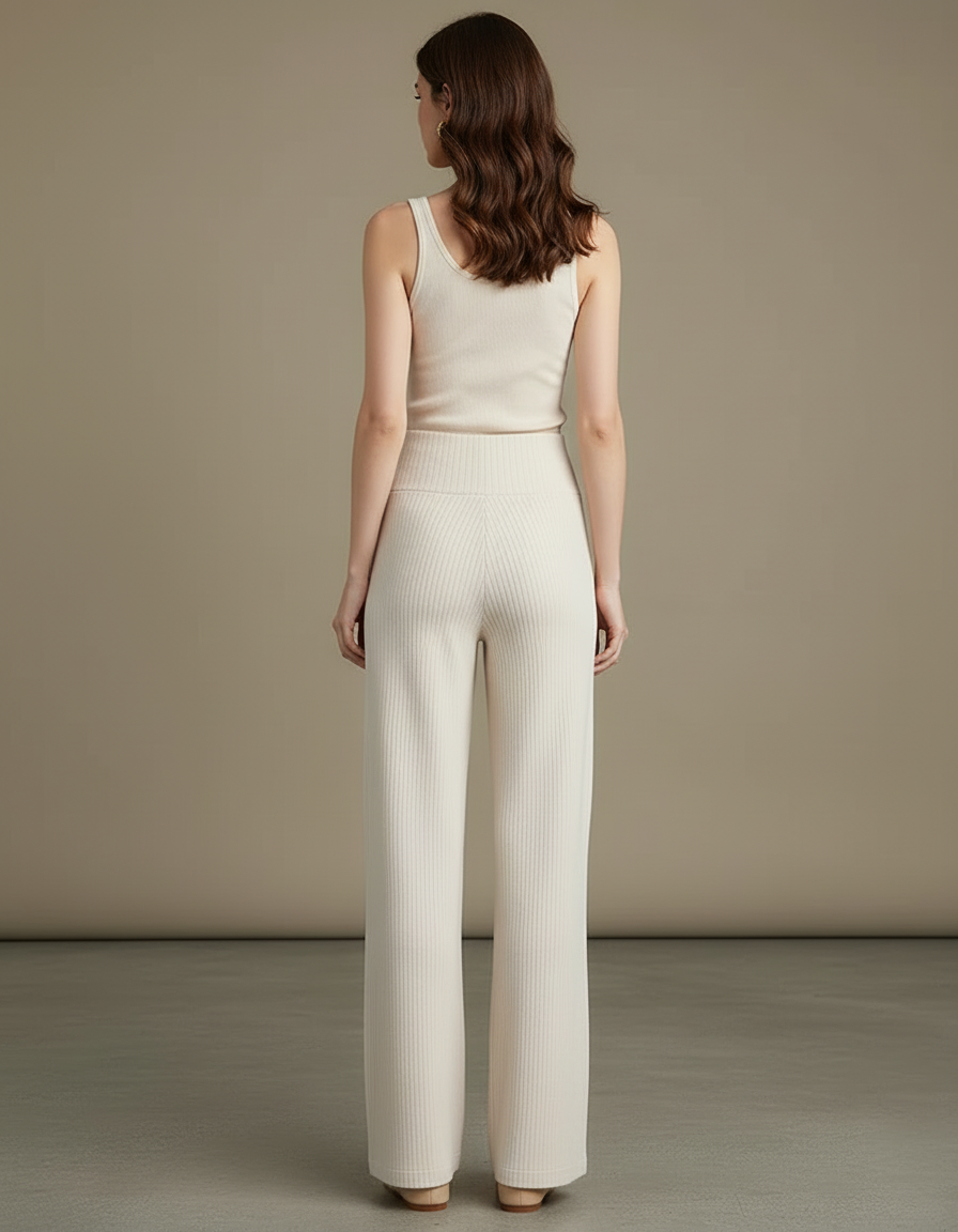 Pantalon Blanc Côtelé Ample Confortable Élégant Femme - Beige Maille - vue 2