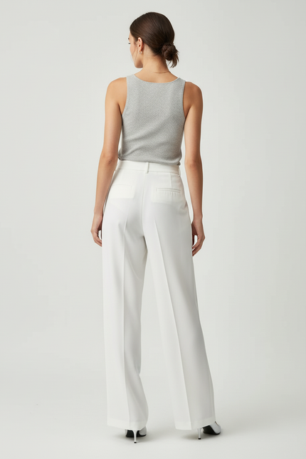 Pantalon Blanc Fluide Plissé Ample Élégant Femme - Polyester - vue 2