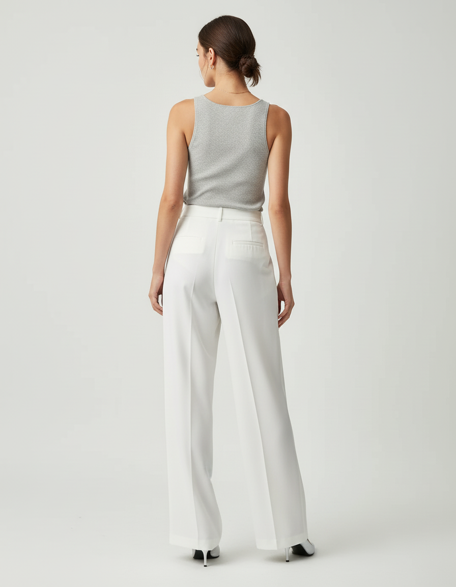 Pantalon Blanc Fluide Plissé Ample Élégant Femme - Polyester - vue 2