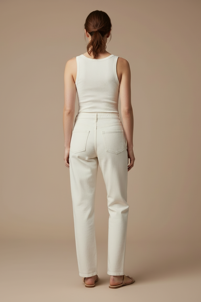 Pantalon Blanc Droit Coton Décontracté Coutures Apparentes - Beige - vue 2