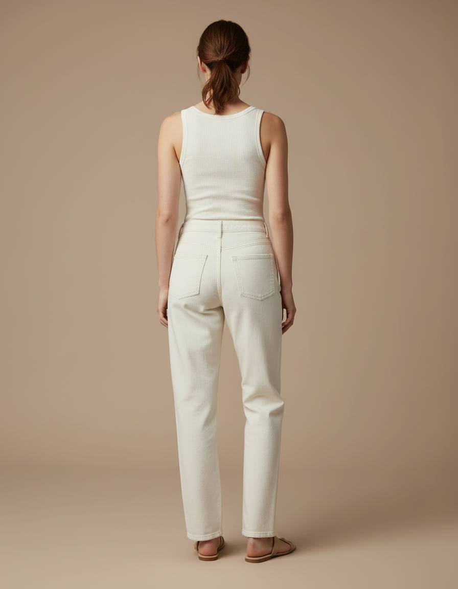 Pantalon Blanc Droit Coton Décontracté Coutures Apparentes - Beige - vue 2