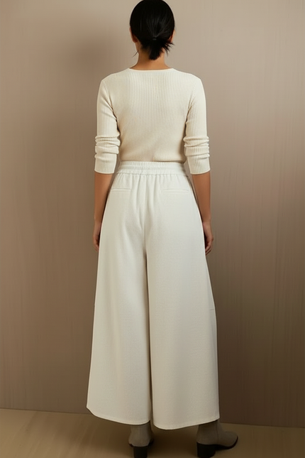 Pantalon Blanc Large Côtelé Fluide Taille Haute - Cordé - vue 2