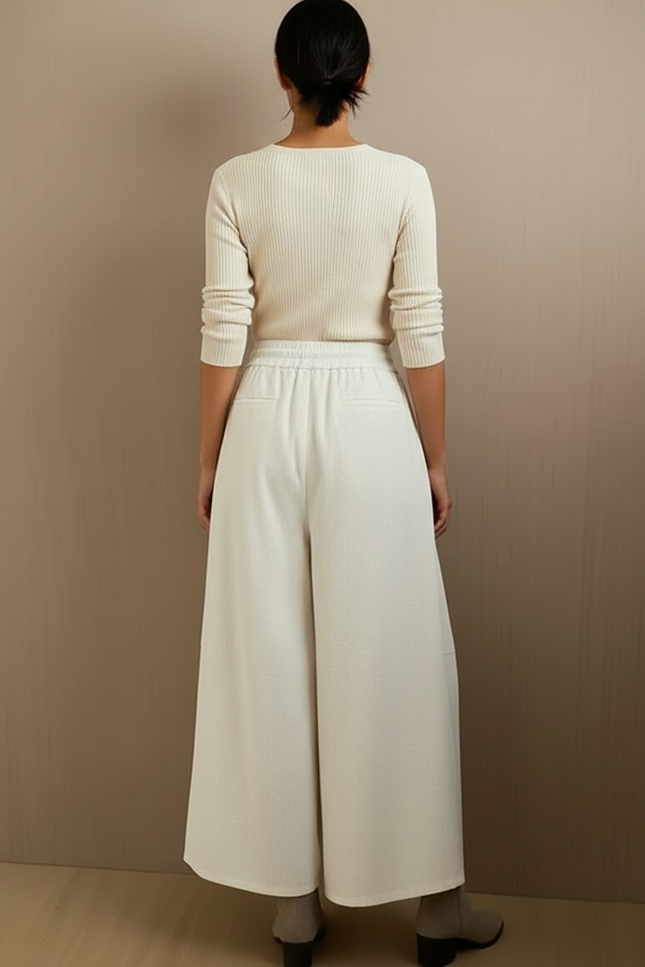 Pantalon Blanc Large Côtelé Fluide Taille Haute - Cordé - vue 2