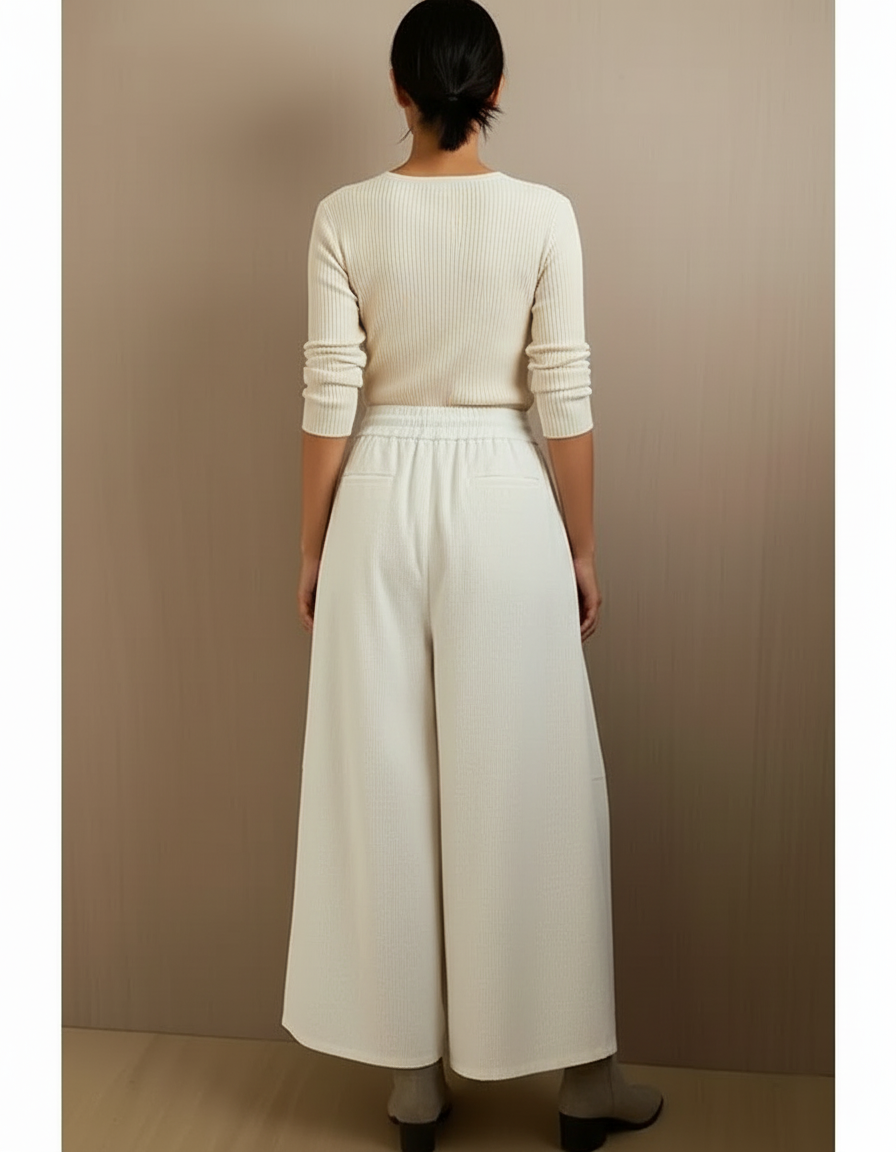 Pantalon Blanc Large Côtelé Fluide Taille Haute - Cordé - vue 2