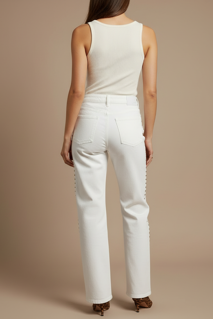 Pantalon Blanc Jeans Droit Clous Dorés Femme - vue 2