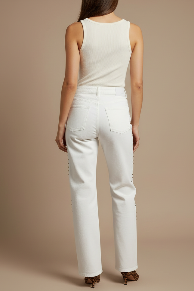 Pantalon Blanc Jeans Droit Clous Dorés Femme - vue 2