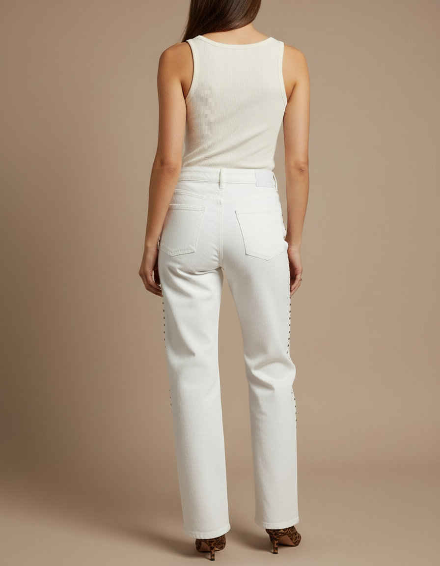 Pantalon Blanc Jeans Droit Clous Dorés Femme - vue 2