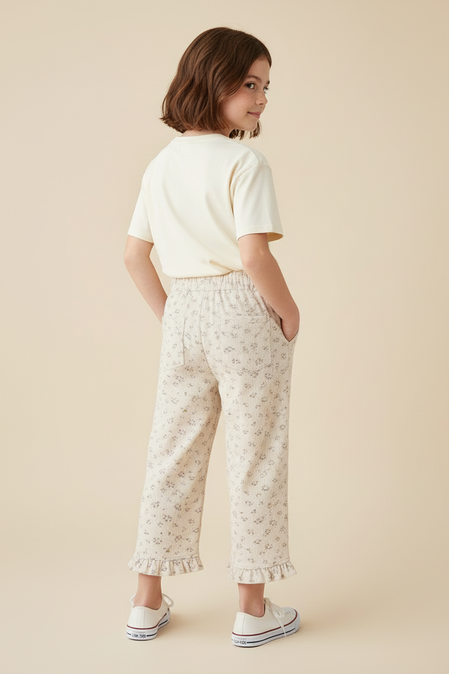 Pantalon Blanc Côtelé Fleuri Ample Fille Volants - Imprimé Cordé - vue 2