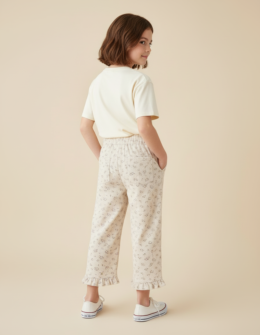 Pantalon Blanc Côtelé Fleuri Ample Fille Volants - Imprimé Cordé - vue 2