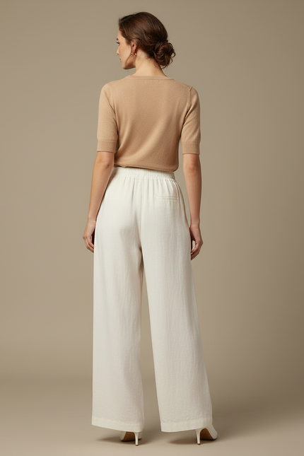 Pantalon Blanc Ample Lin Taille Haute Confortable Élégant - vue 2