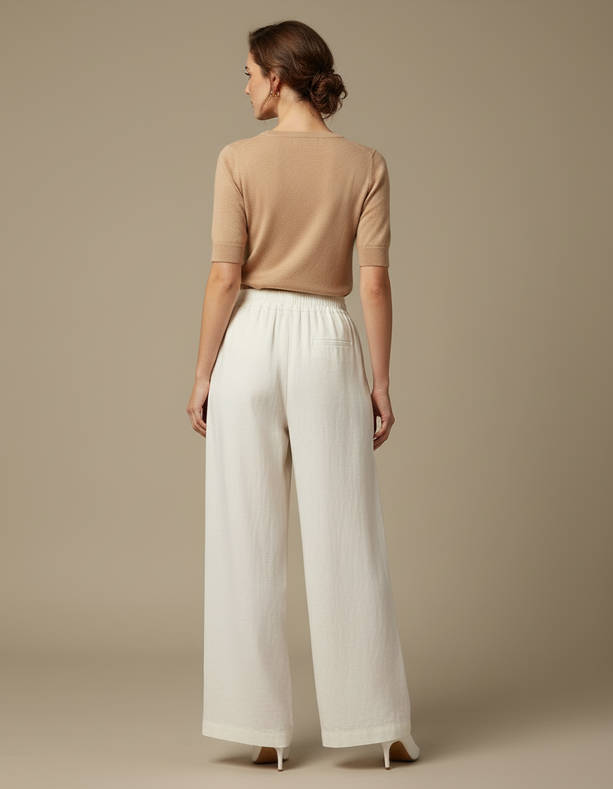 Pantalon Blanc Ample Lin Taille Haute Confortable Élégant - vue 2
