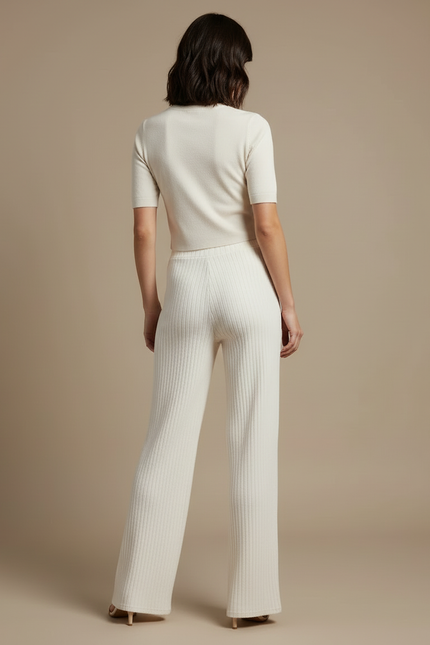 Pantalon Blanc Côtelé Tricoté Droit Élégant Femme - Maille - vue 2