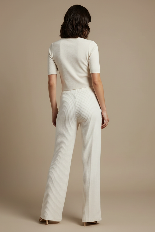 Pantalon Blanc Côtelé Tricoté Droit Élégant Femme - Maille - vue 2