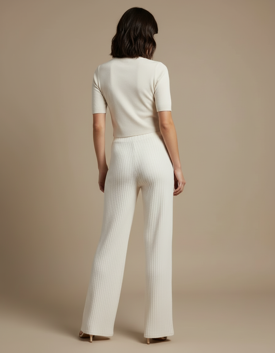 Pantalon Blanc Côtelé Tricoté Droit Élégant Femme - Maille - vue 2