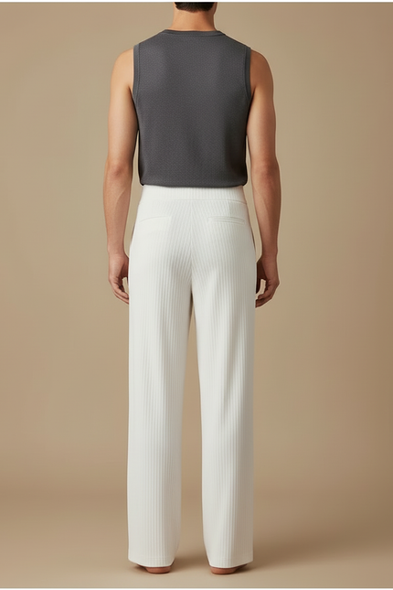 Pantalon Blanc Côtelé Ample Droit Élégant Homme - Cordé - vue 2