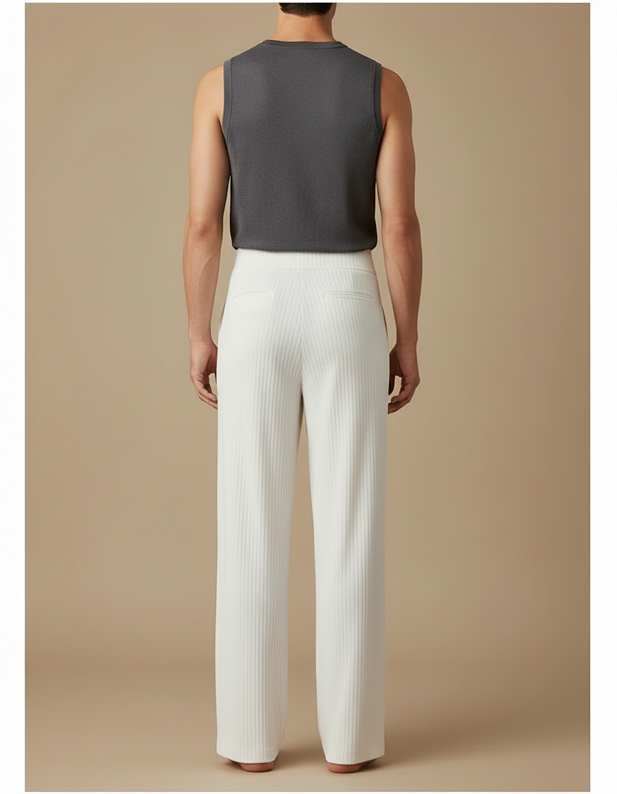 Pantalon Blanc Côtelé Ample Droit Élégant Homme - Cordé - vue 2