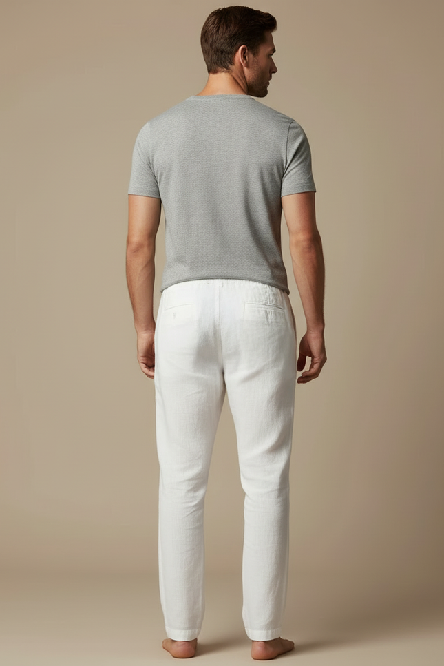 Pantalon Blanc Lin Décontracté Homme Cordon Ajustable - vue 2