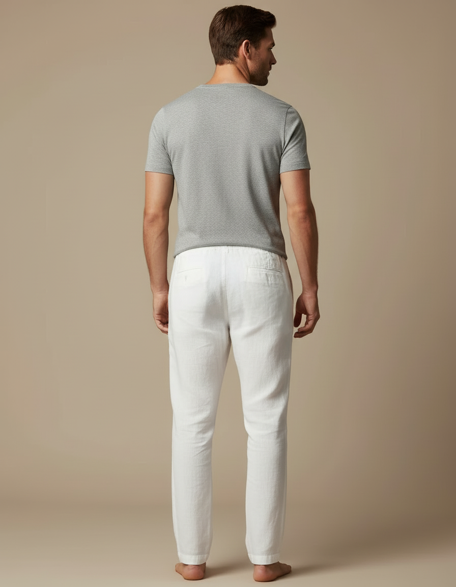 Pantalon Blanc Lin Décontracté Homme Cordon Ajustable - vue 2