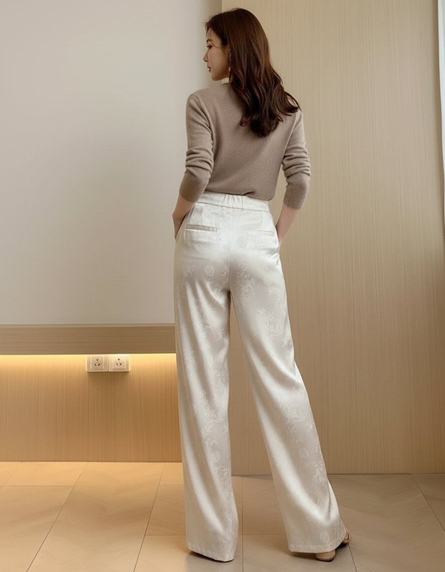 Pantalon Blanc Fleuri Femme - Satin - vue 2