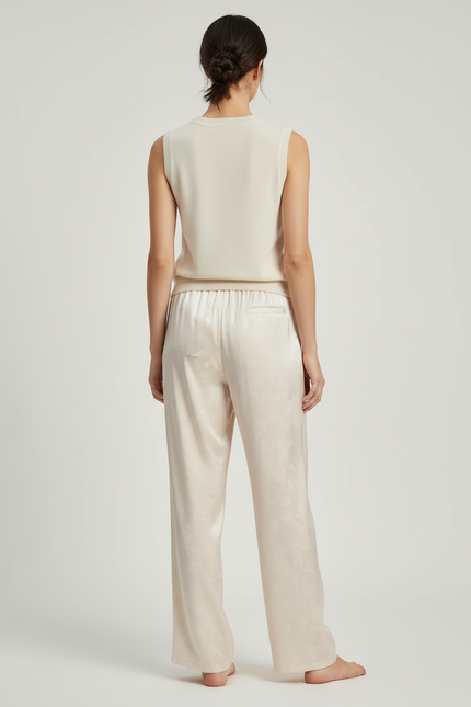 Pantalon Blanc Fluide Satiné Imprimé Ample Décontracté - Beige - vue 2