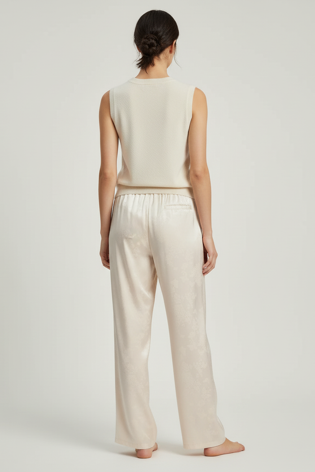 Pantalon Blanc Fluide Satiné Imprimé Ample Décontracté - Beige - vue 2