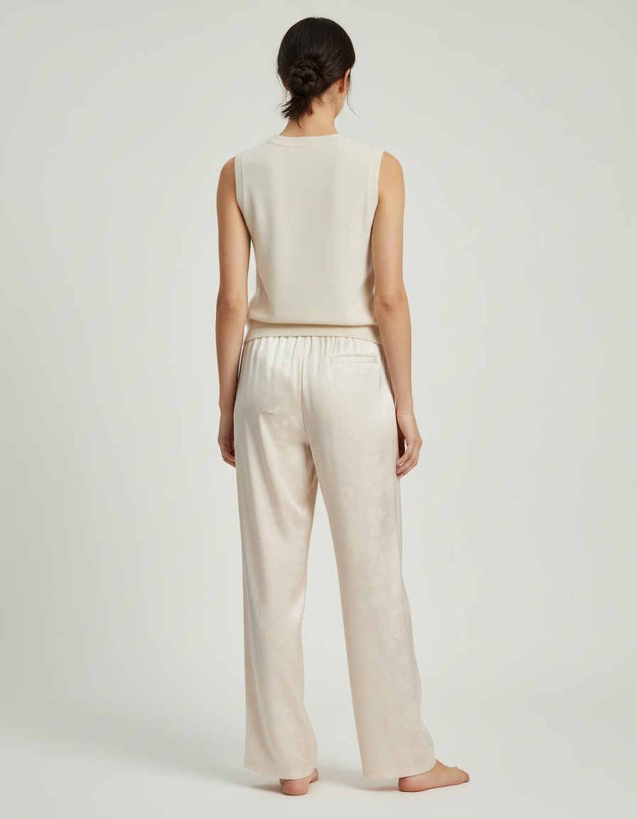 Pantalon Blanc Fluide Satiné Imprimé Ample Décontracté - Beige - vue 2
