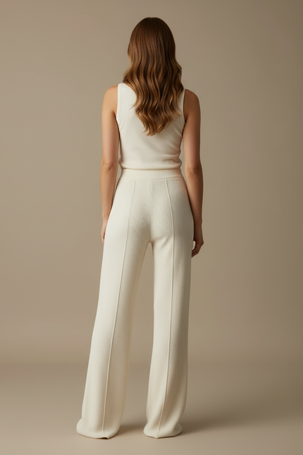 Pantalon Blanc Côtelé Tricoté Évasé Confortable Femme - Beige Maille - vue 2