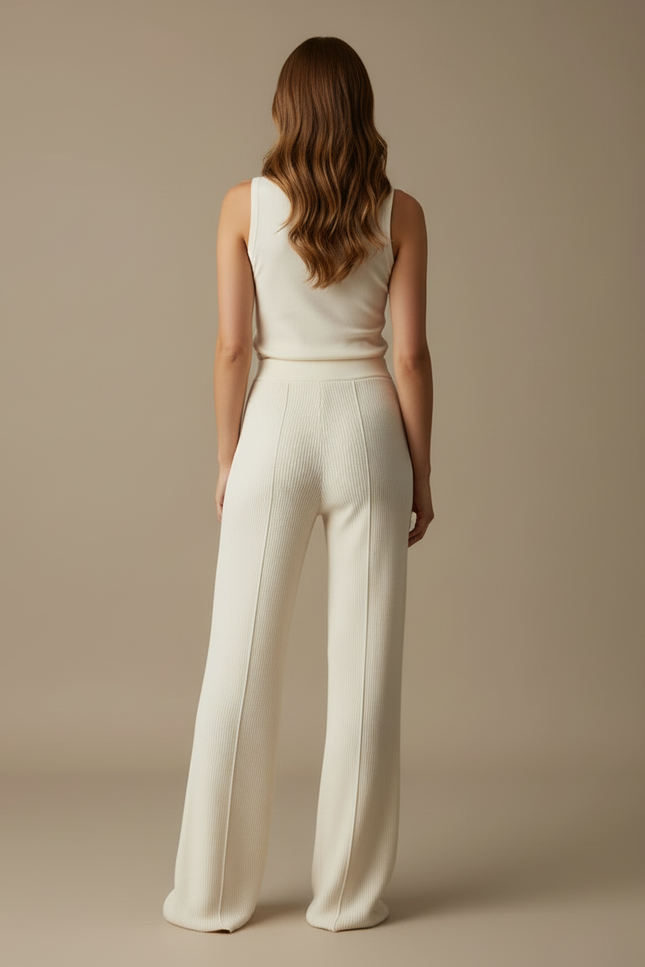 Pantalon Blanc Côtelé Tricoté Évasé Confortable Femme - Beige Maille - vue 2