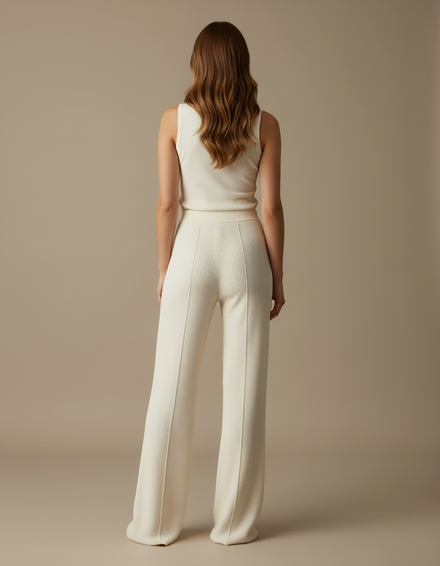 Pantalon Blanc Côtelé Tricoté Évasé Confortable Femme - Beige Maille - vue 2