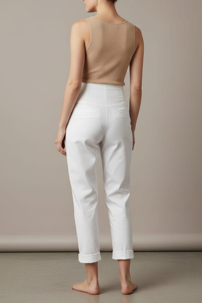 Pantalon Blanc Taille Haute Coton Décontracté Femme - vue 2