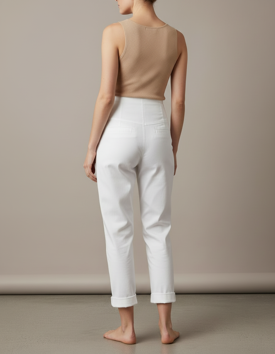 Pantalon Blanc Taille Haute Coton Décontracté Femme - vue 2