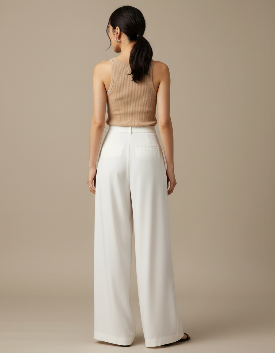 Pantalon Blanc Fluide Ample Élégant Plissé Femme - Polyester - vue 2