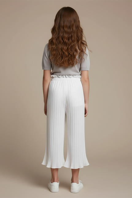Pantalon Blanc Plissé Ample Taille Haute Fille - Polyester - vue 2