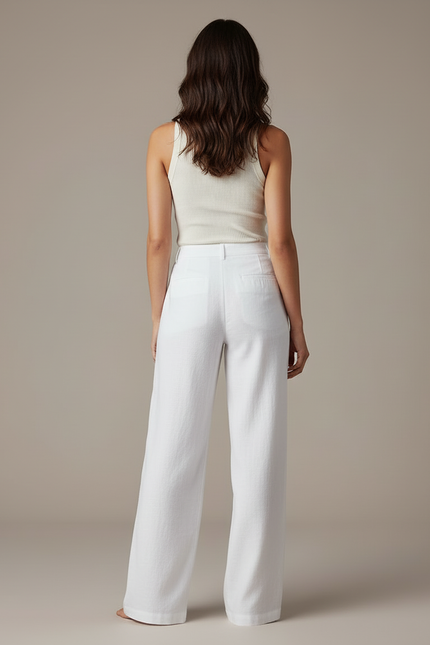 Pantalon Blanc Lin Fluide Ample Élégant Femme - vue 2