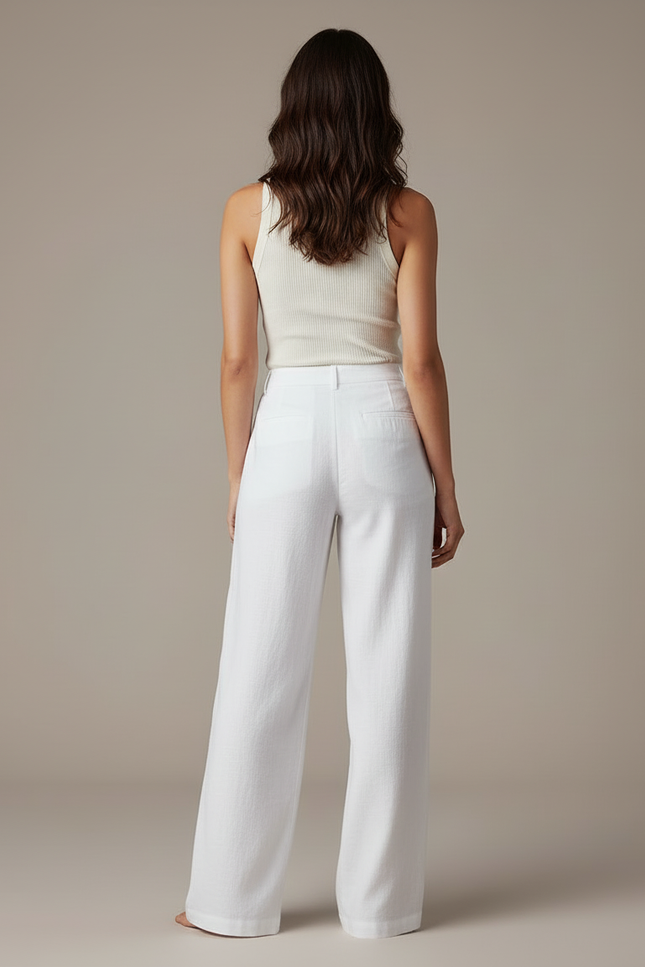 Pantalon Blanc Lin Fluide Ample Élégant Femme - vue 2