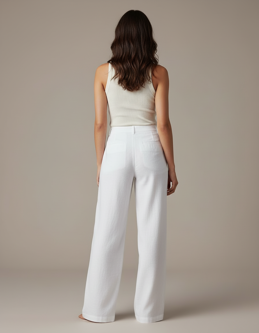Pantalon Blanc Lin Fluide Ample Élégant Femme - vue 2