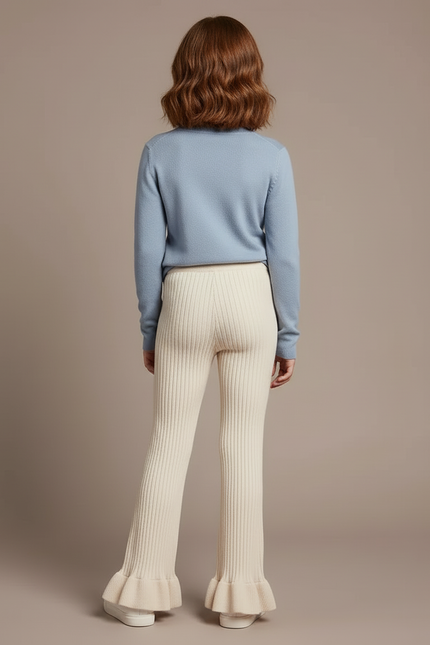Pantalon Blanc Côtelé Évasé Enfant Tricoté Confortable - Beige Maille - vue 2
