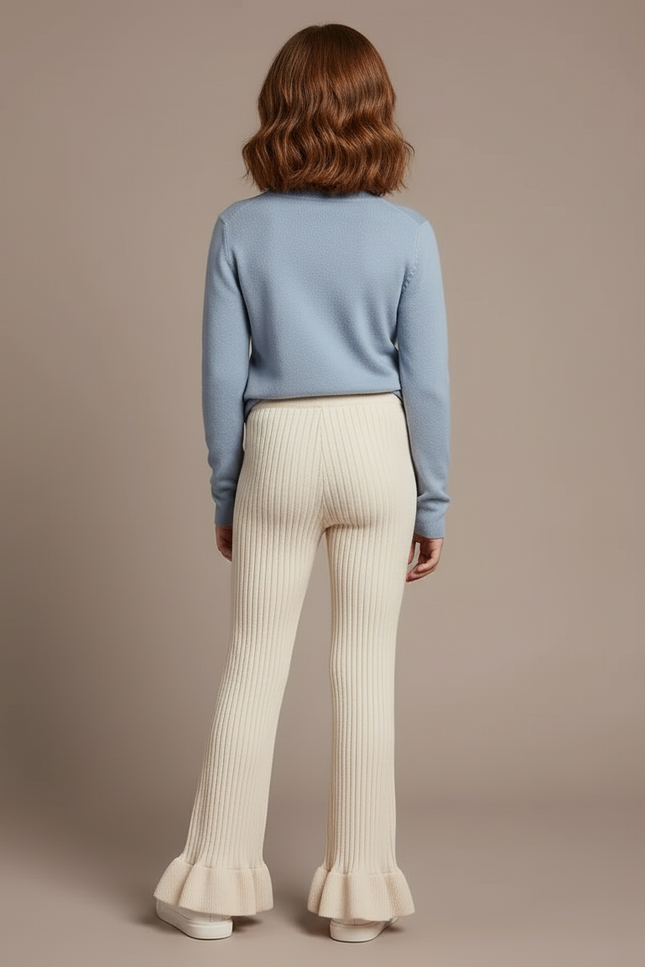 Pantalon Blanc Côtelé Évasé Enfant Tricoté Confortable - Beige Maille - vue 2
