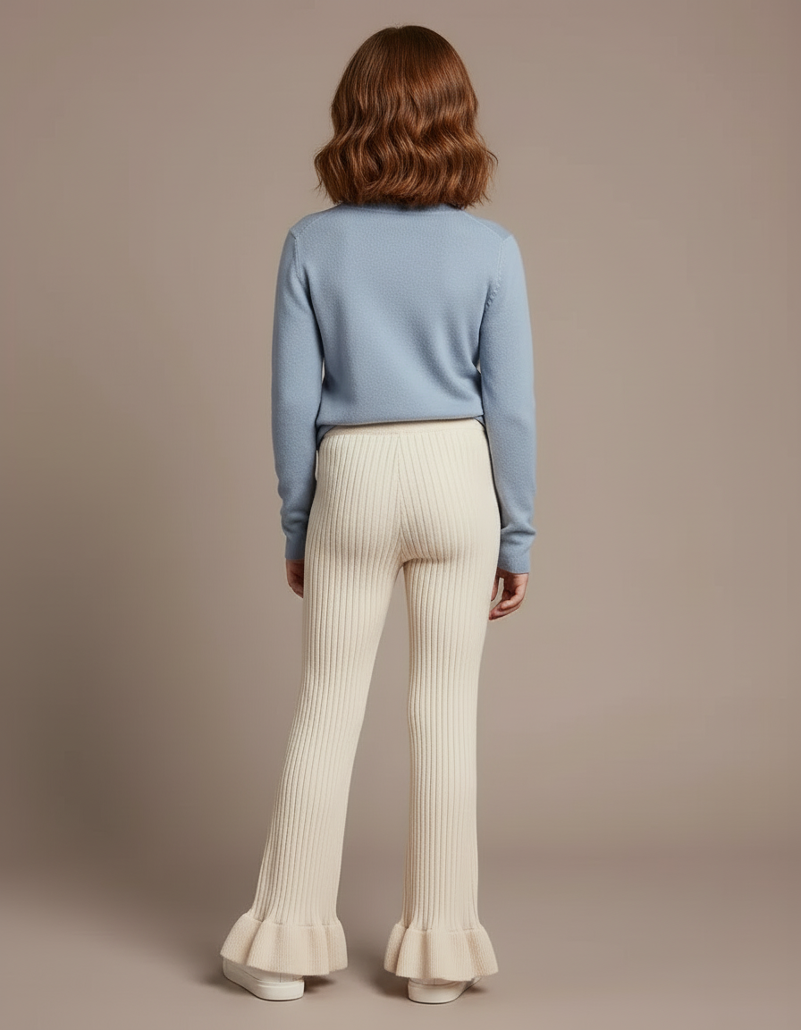 Pantalon Blanc Côtelé Évasé Enfant Tricoté Confortable - Beige Maille - vue 2