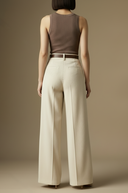 Pantalon Blanc Large Côtelé Plissé Élégant Femme - Beige Cordé - vue 2