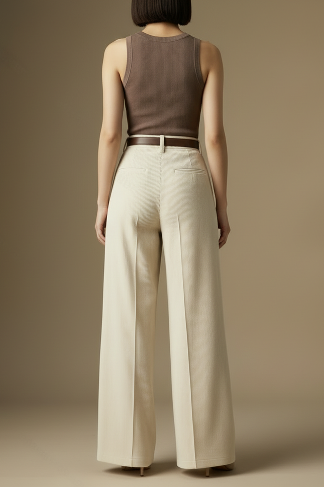 Pantalon Blanc Large Côtelé Plissé Élégant Femme - Beige Cordé - vue 2