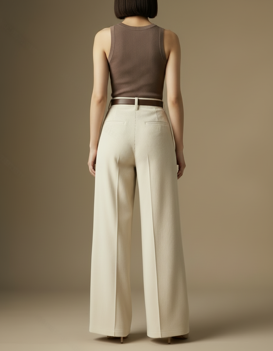 Pantalon Blanc Large Côtelé Plissé Élégant Femme - Beige Cordé - vue 2