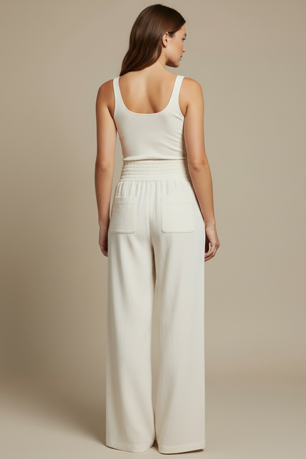Pantalon Blanc Fluide Ample Taille Haute Boutons - Lin - vue 2