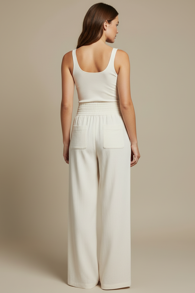 Pantalon Blanc Fluide Ample Taille Haute Boutons - Lin - vue 2