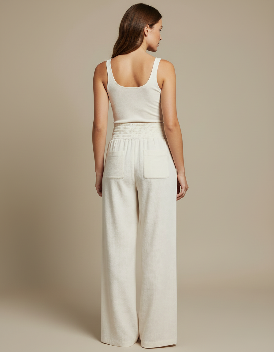 Pantalon Blanc Fluide Ample Taille Haute Boutons - Lin - vue 2